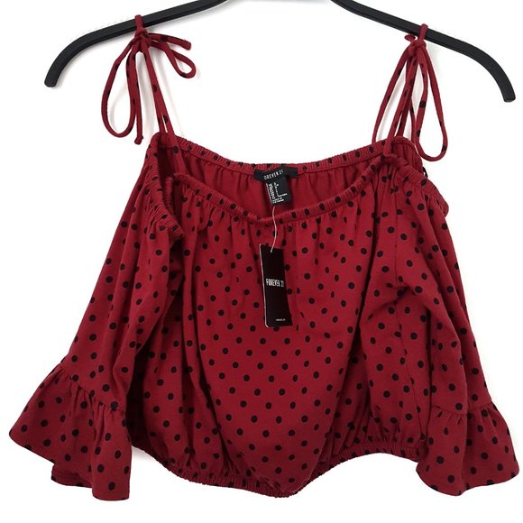 Forever 21 Wine/Black Polka Dot Off-Shoulder Top L - Picture 5 of 7